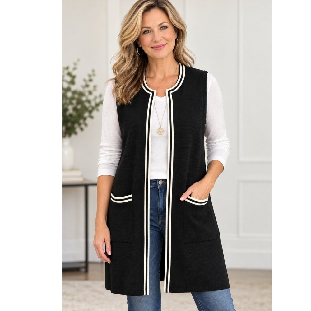Talbots Women Vest L Black White Trim Longline Knit Open Front Pockets Old Money